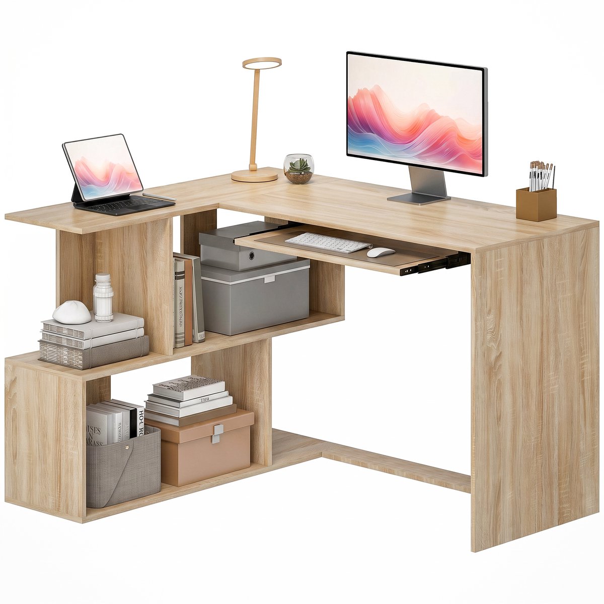 TEKROA® Hoekbureau L-Vormig Computerbureau met Toetsenbordhouder en 4 Open Vakken - Bureau Gaming - 120x100x76 cm - Naturel