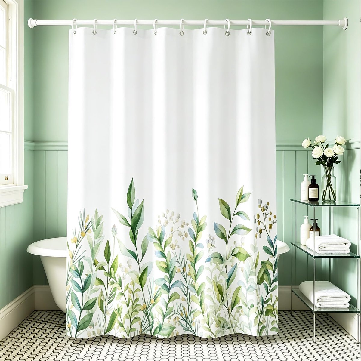 SnelShoppen - Douchegordijn Groen Geel Plantenstof - Wasbaar Anti-Schimmel Gordijn 180x200 cm met 12 C-Ringen - Perfect voor Badkamer met Bloemen en B