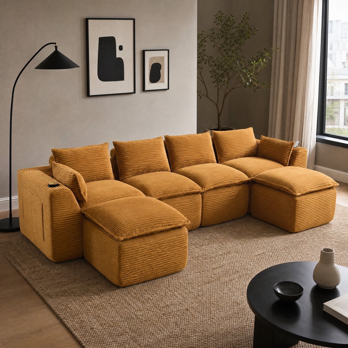 REDOM- Modulaire bank - 4-zits - Vrij combineerbaar - Met 2 voetbankjes en bekerhouder - Met zijvakken - Corduroy - Woonkamer en kantoor - Oranje - 322 x 161 x 75 cm