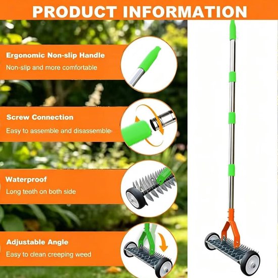 Handverticuteermachine met steel, 165 cm, verticuteerhark, metalen snijhark, tuin, afneembaar, verstelbare verticuteerhark, verticuteerhark voor tuin, erf — afbeelding 2