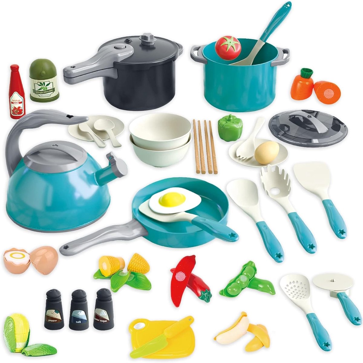 Speelgoed Keuken Set met 61 Stukken - Rollenspel met Snijfruit, Groenten en Kookgerei voor