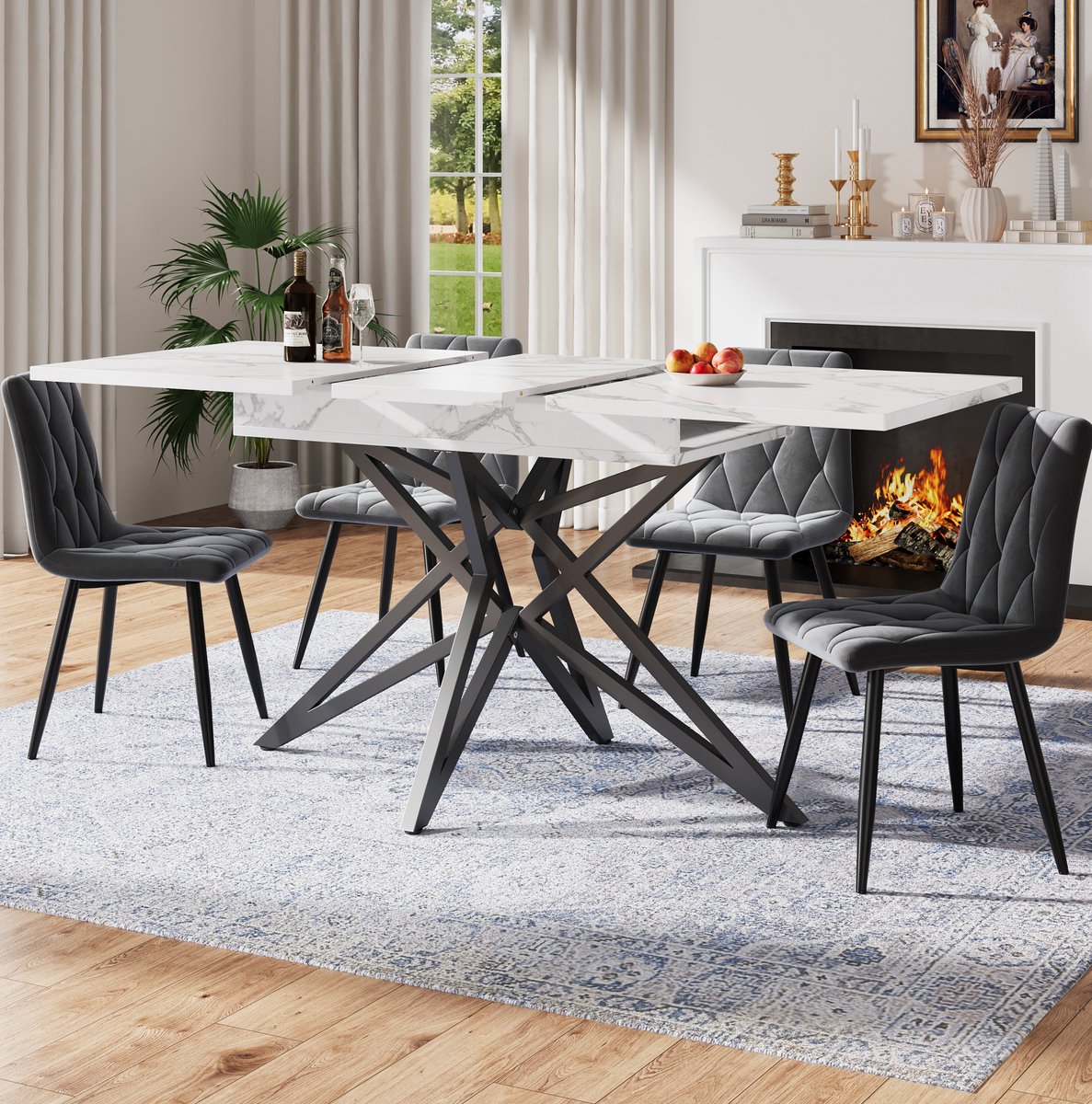 MEUNIQ Uitbreidbare eettafel met 4 stoelen, 120/160 x 80 x 66,1 cm, wit marmerlook blad, z