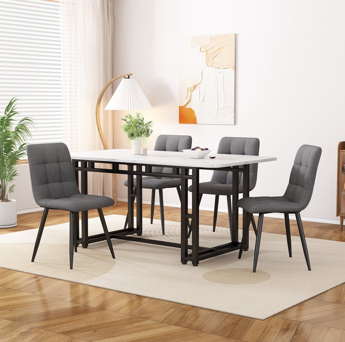 MEUNIQ eetkamer set met tafel en 4 stoelen 120 x 70 cm, modern, zwart metalen poten, grijze stoelen, voor keuken, eetkamer en woonkamer