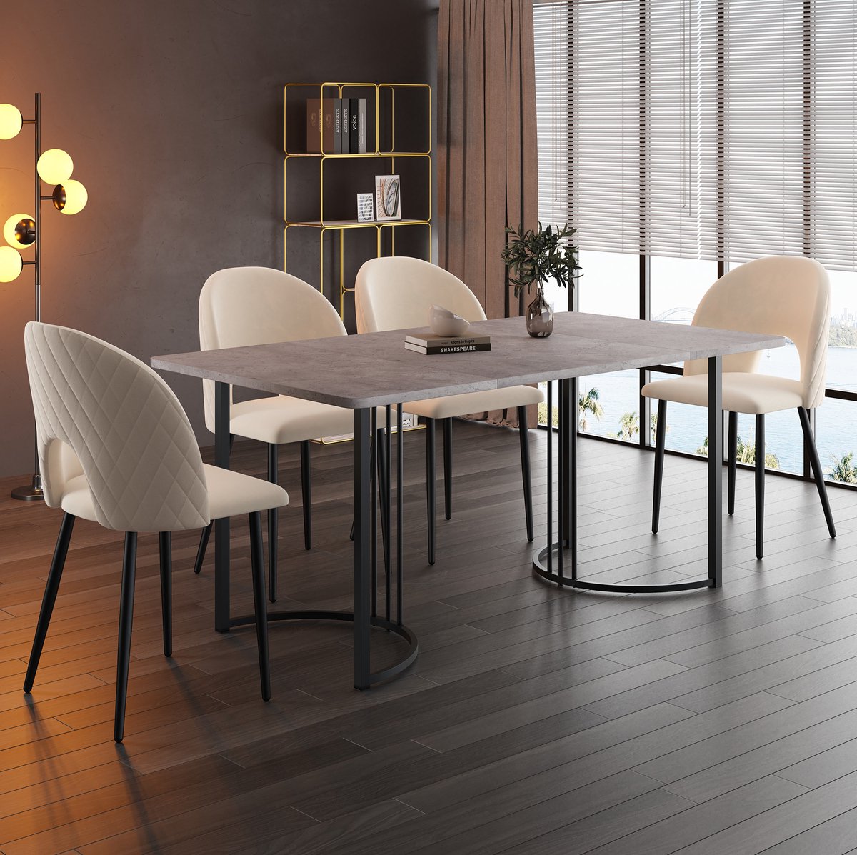MEUNIQ rechthoekige eettafel 140 x 80 x 75 cm met MDF tafelblad in marmerlook, metalen frame en verstelbare poten, modern voor eetkamer, keuken of woonkamer, grijs