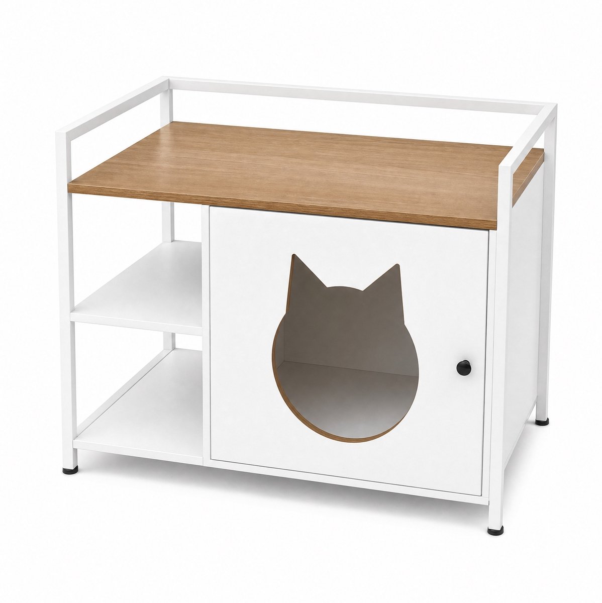 OKWISH Kattenbakkast - Kattenkop-Opening En 2 Open Planken - Bijzettafel Met Opbergruimte Voor Woonkamer Of Slaapkamer - MDF Wit Licht Eiken