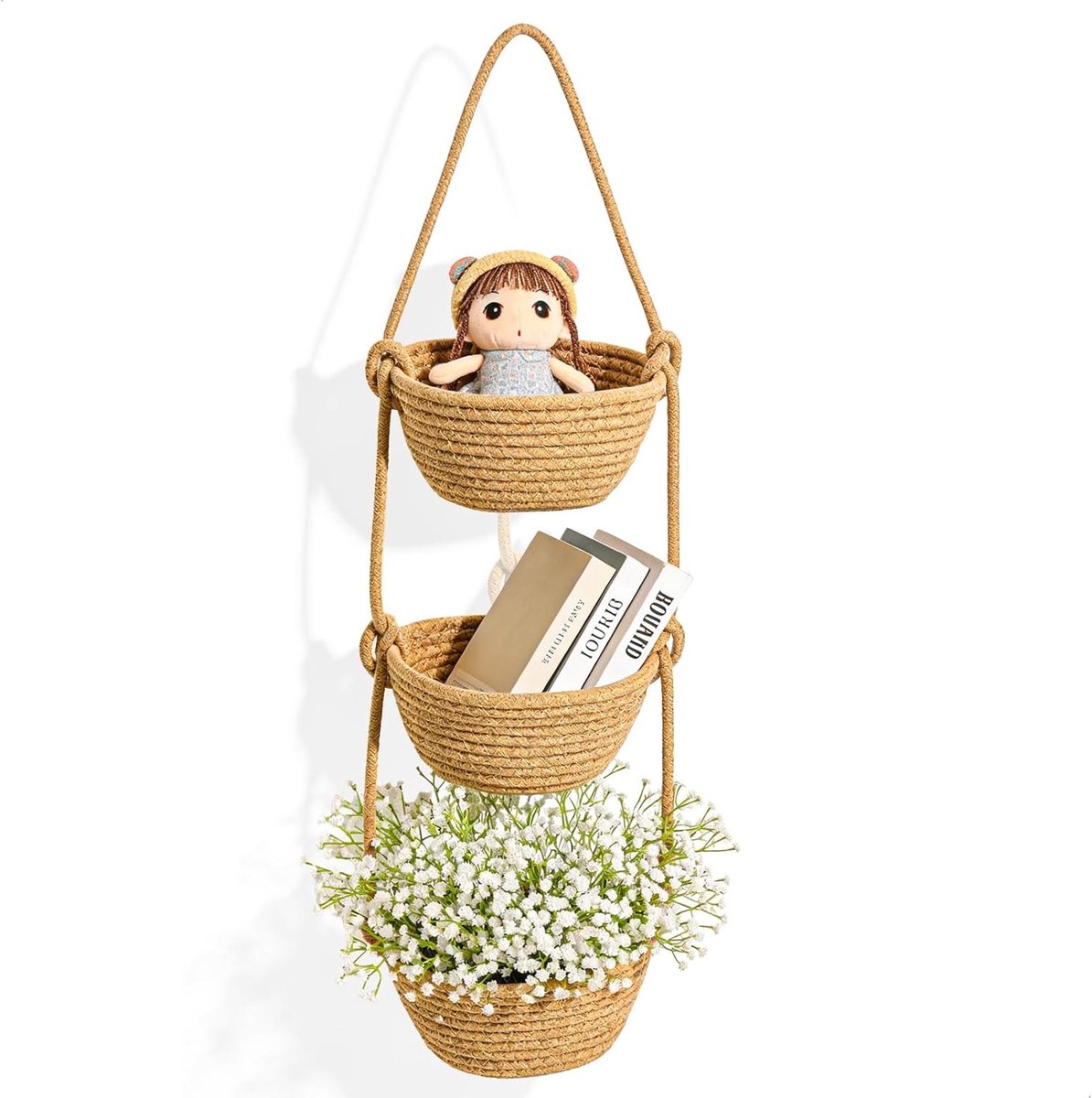 SnelShoppen - Hangende Organizer Deurrek Ondergoedorganizer Ruimtebesparend Katoenen Touw Wandmand met Haken voor Badkamer, Keuken, Slaapkamer