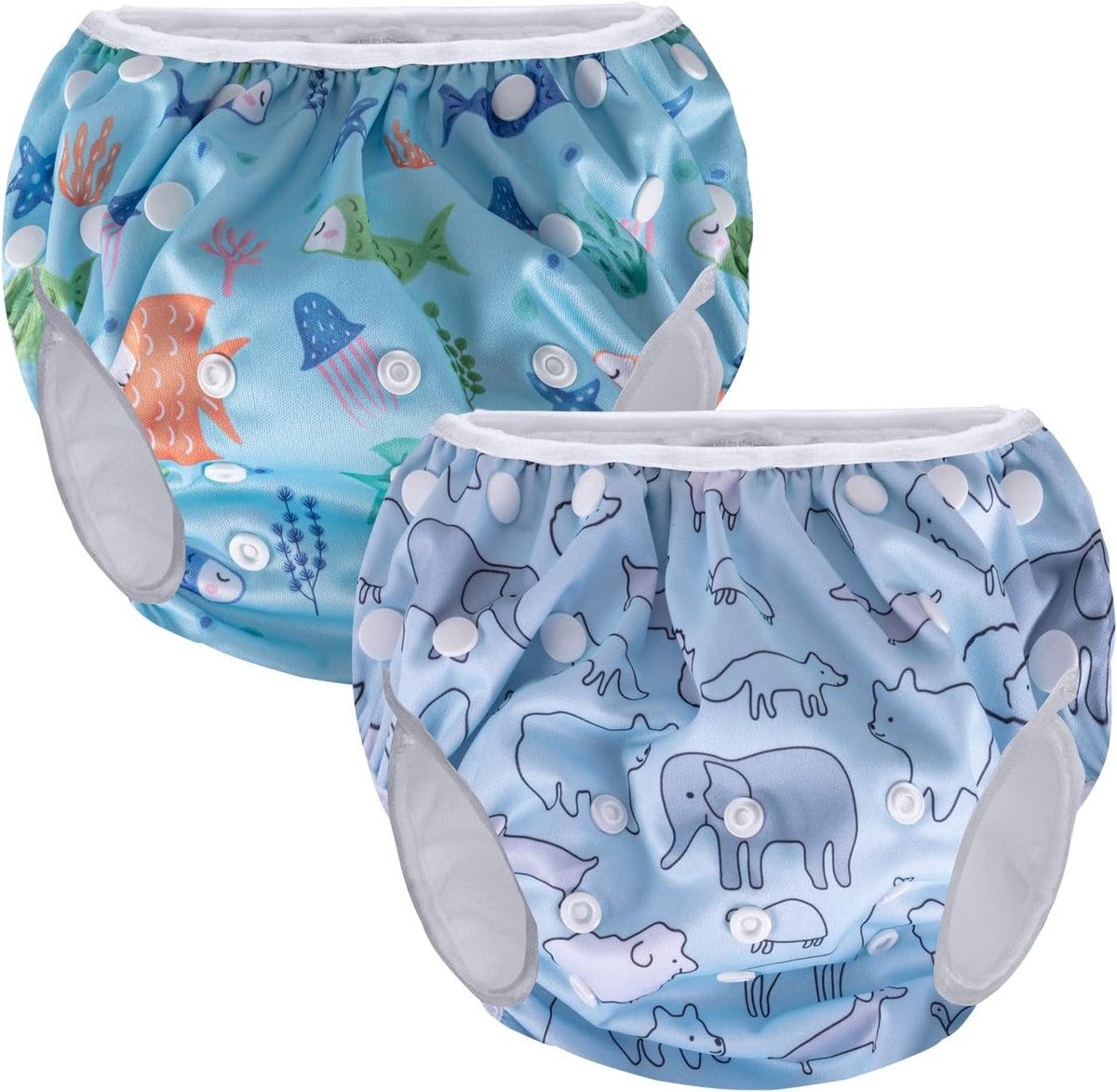 Herbruikbare zwemluiers (set van 2), verstelbare wasbare luiers voor baby's, geschikt voor jongens en meisjes, onderwaterwereld en dierenwereld