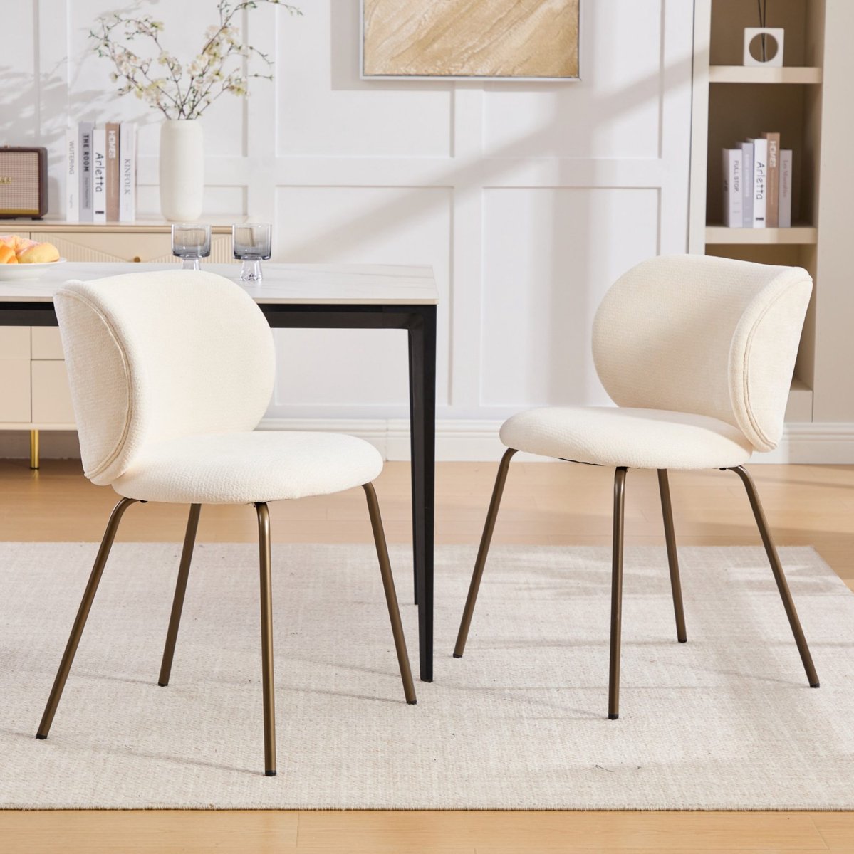 MEUNIQ eetkamerstoel set van 2, chenille bekleding, kuipvormige rugleuning, metalen poten, 80 cm hoog, voor eetkamer en keuken, crème Cream