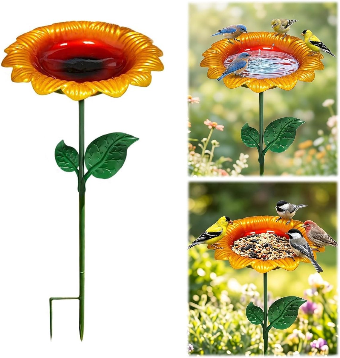 Vrijstaand vogelbad - Zonnebloemontwerp - Vorstbestendig - Drink- en voederplaats voor tuinvogels