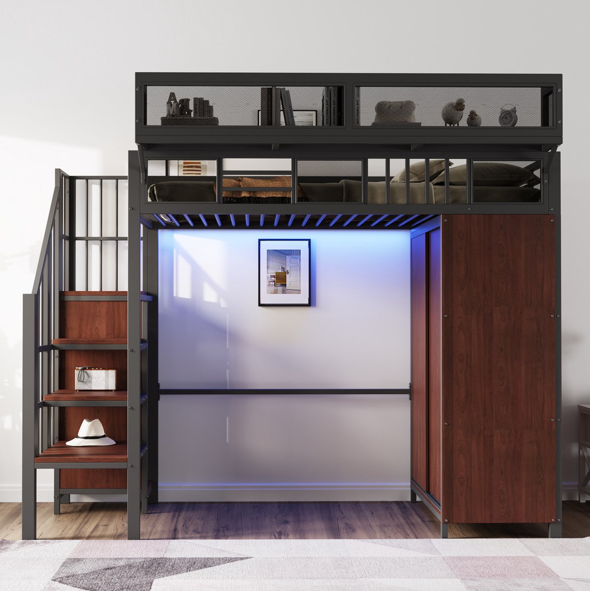 MEUNIQ Hoogslaper 90 x 200 cm van metaal en hout met kleiderschrank, veiligheidsladder, LED-verlichting en opbergruimte voor slaapkamer in zwart Black