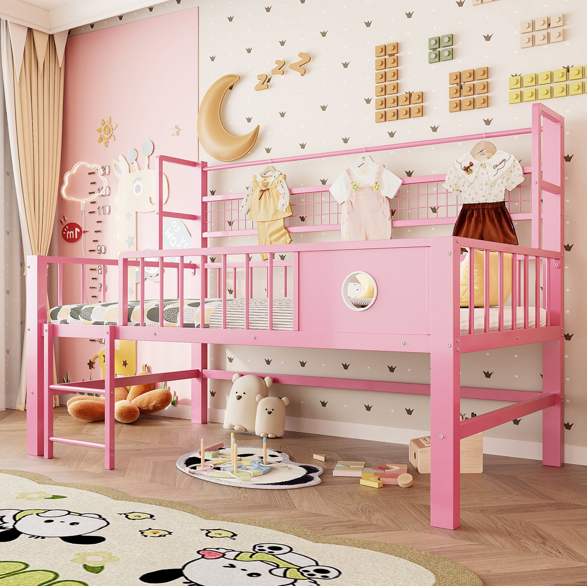 MEUNIQ halfhoogslaper kinderbed 90 x 200 cm met veiligheidshekken, kledingstang en netvak, metalen frame met opbergruimte voor kinderkamer, roze