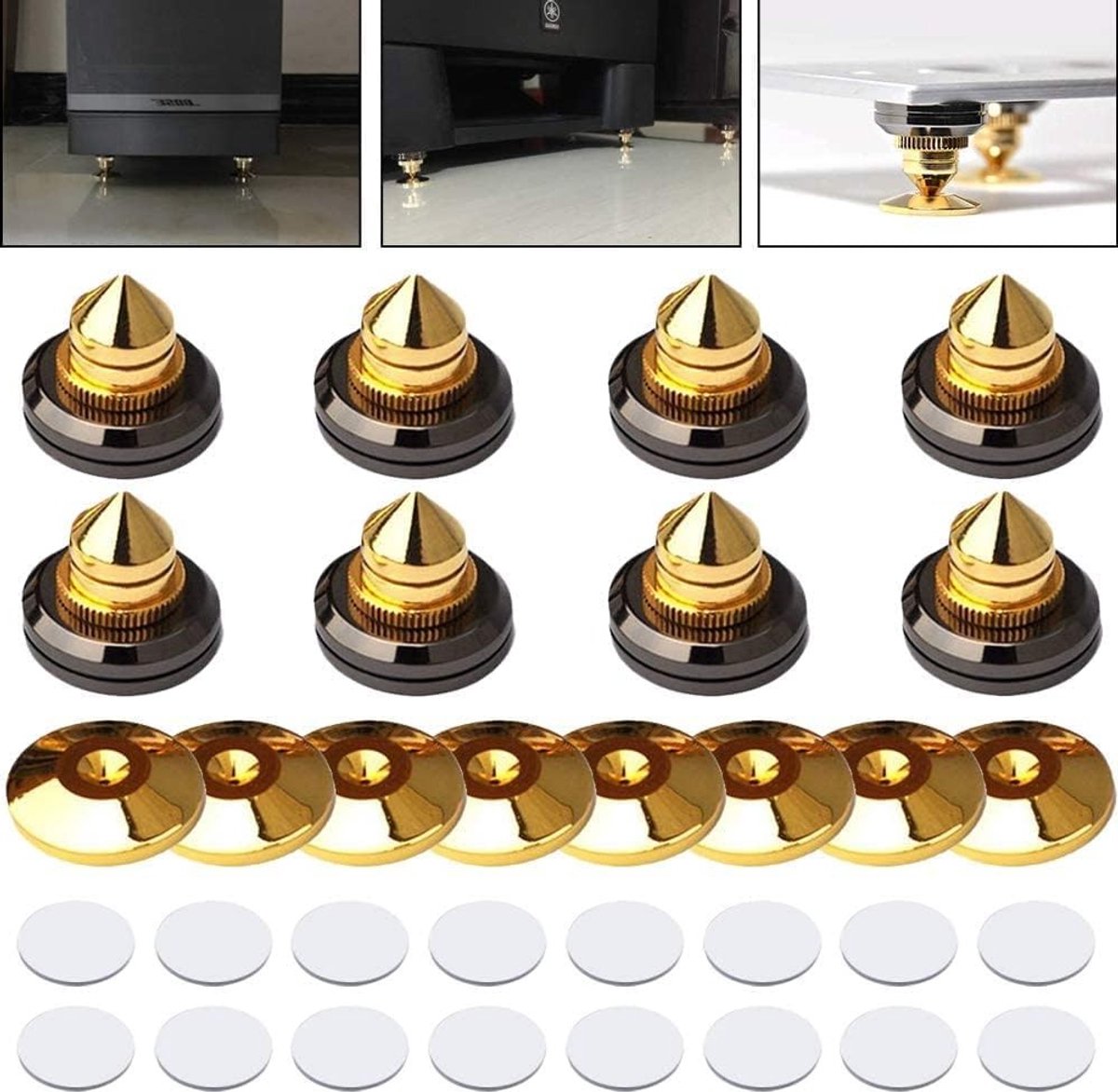 Set van 8 Gouden Speaker Spikes voor CD Spelers, Subwoofers en Versterkers - Schokbestendige Isolatievoeten van Massief Messing voor Verbeterde Geluidskwaliteit en Stabiliteit
