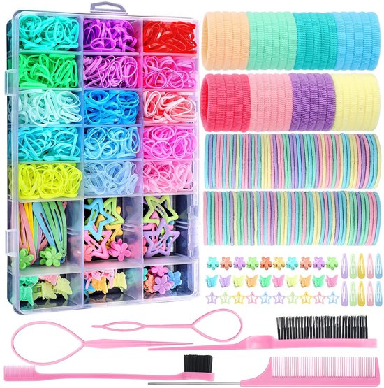 Ensemble complet d'élastiques à cheveux et d'accessoires capillaires avec compartiments, tours et outils de coiffage.