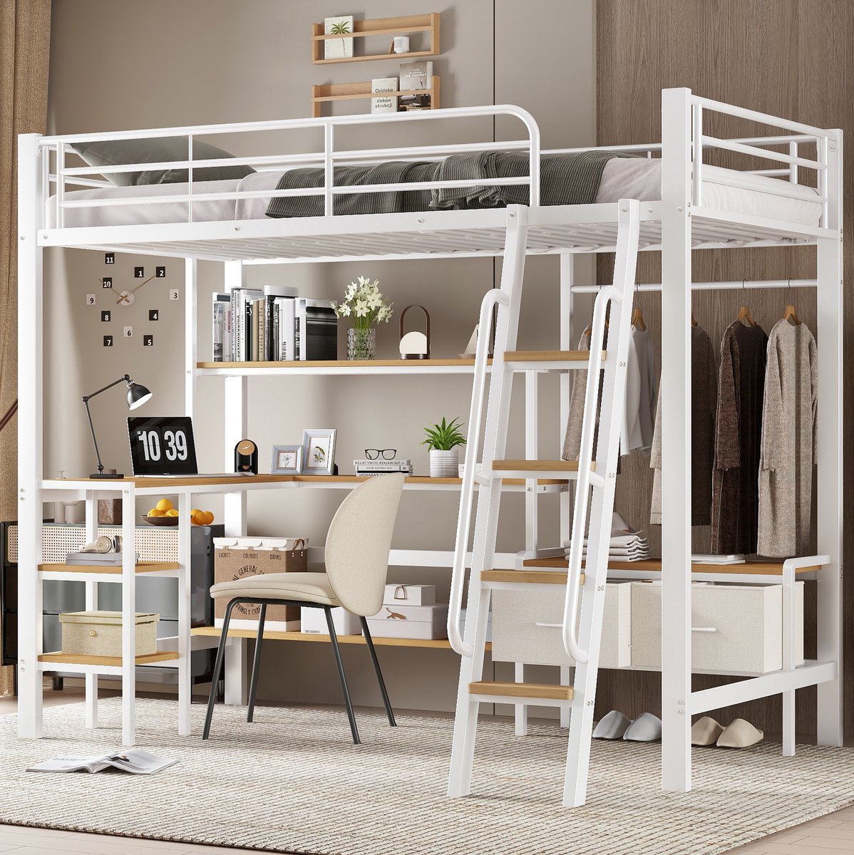 MEUNIQ hoogslaper 90x200 cm met bureau, opbergrek en 2 stoffen opbergboxen, met vierstaps schuine trap voor de kinderkamer, wit en naturel White+Natural