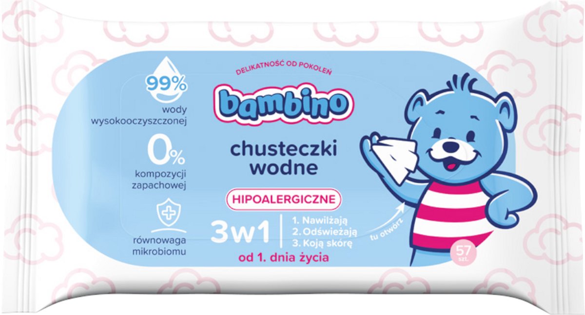 Bambino - Waterdoekjes 3-in-1 - 57 stuks - Hypoallergeen - 99% Gezuiverd Water