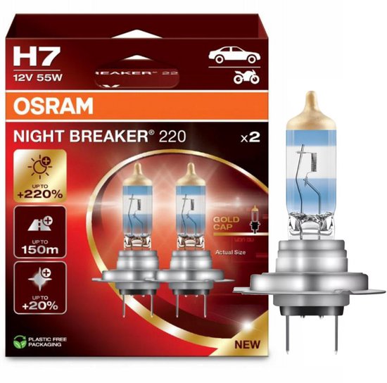 Osram Night Breaker 220 H7 verpakking met twee lampen, gouden dop, 'New' en 'Actual Size' markering.
