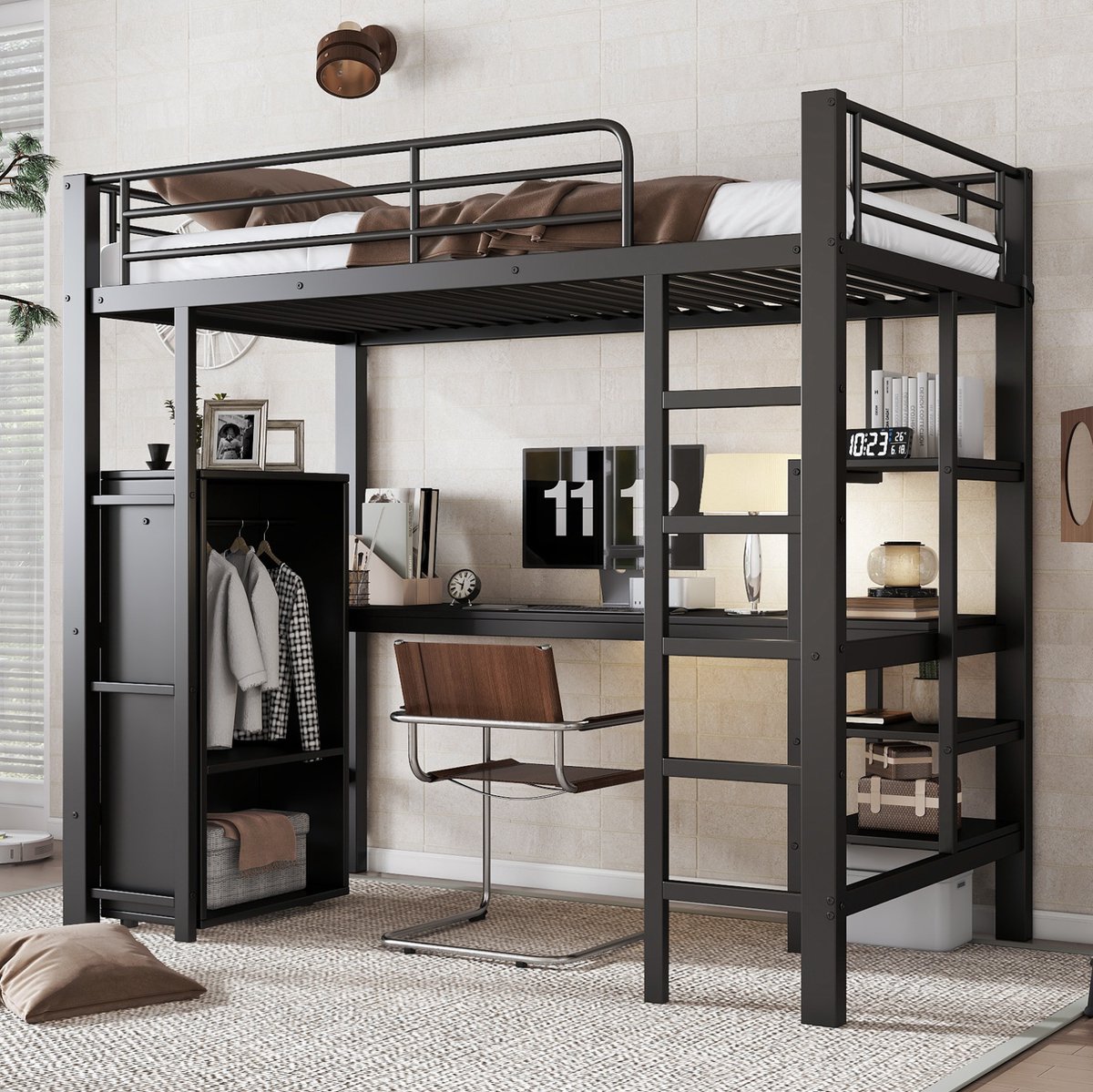 MEUNIQ stapelbed 90x200 cm met bureau, kledingkast, opbergrekken en ladder, zwart metalen bed voor kinderkamer met slaap- en werkplek Black