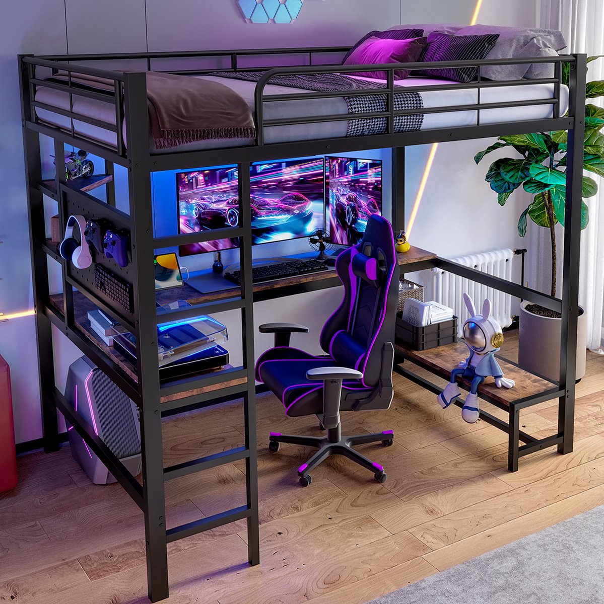 MEUNIQ Hoogslaper 90 x 200 cm met bureau, LED-verlichting, USB Type-C, opbergrekken, ladder en uitvalbeveiliging voor slaapkamer of kinderkamer, zwart Black