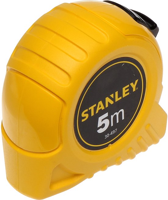 Gele Stanley rolbandmaat 5m met geribbeld handvat en een zwart rond logo.
