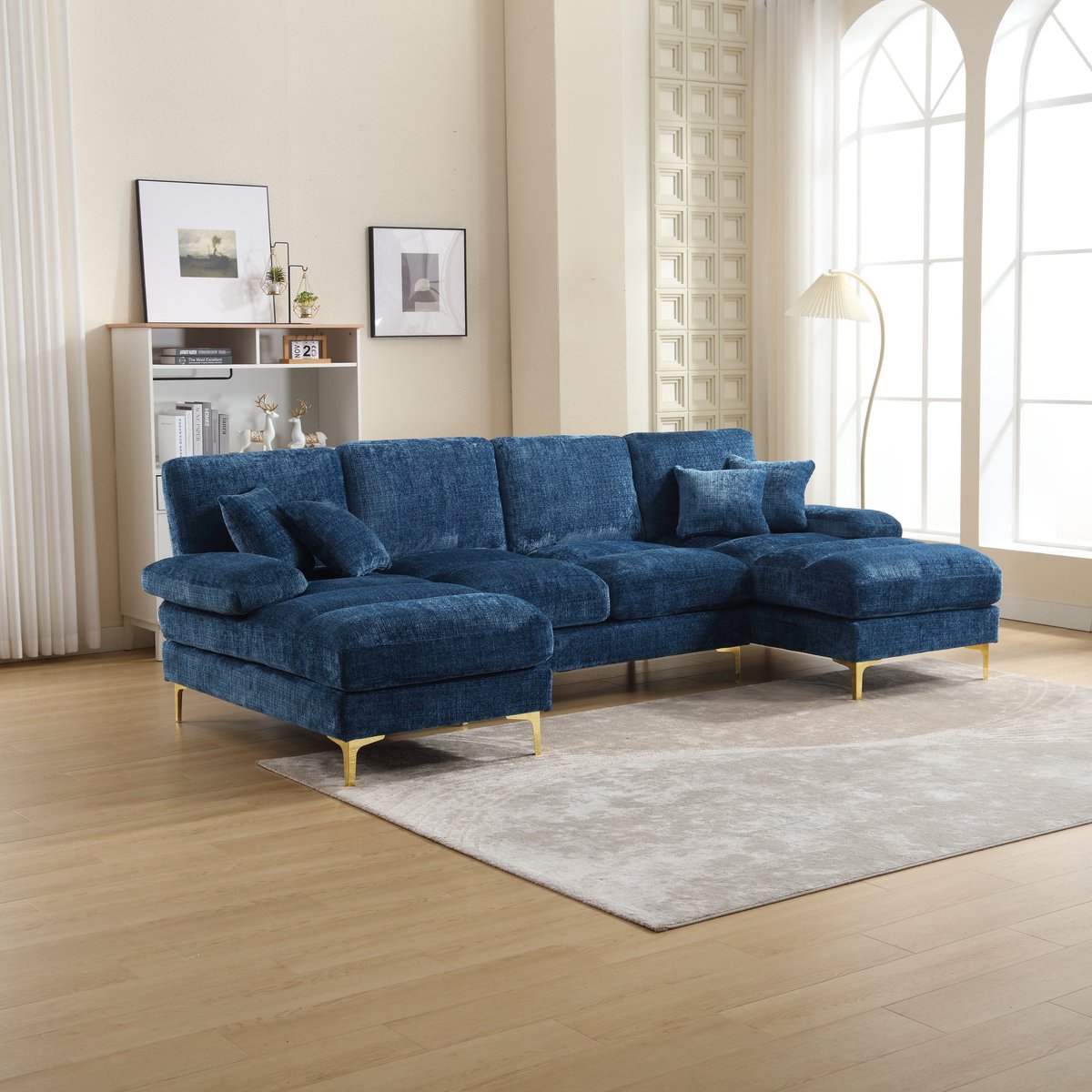 DESMIU U-Bank 272 Cm - Dubbele Ligzijde Met 4 Grote Rugkussens En 2 Sierkussens - Voor Woonkamer En Lounge - Chenille Blauw