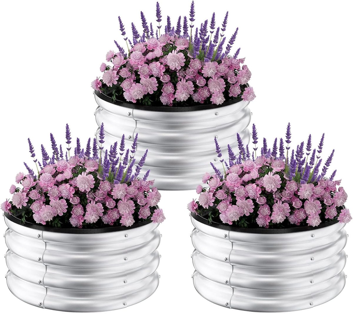 Set van 3 ronde, verhoogde plantenbakken van gegalvaniseerd staal, 60×60×28 cm, bodemloze, roestbestendige metalen moestuinbak, buitenkweekset voor groenten, bloemen en kruiden, zwart en originele kleur.