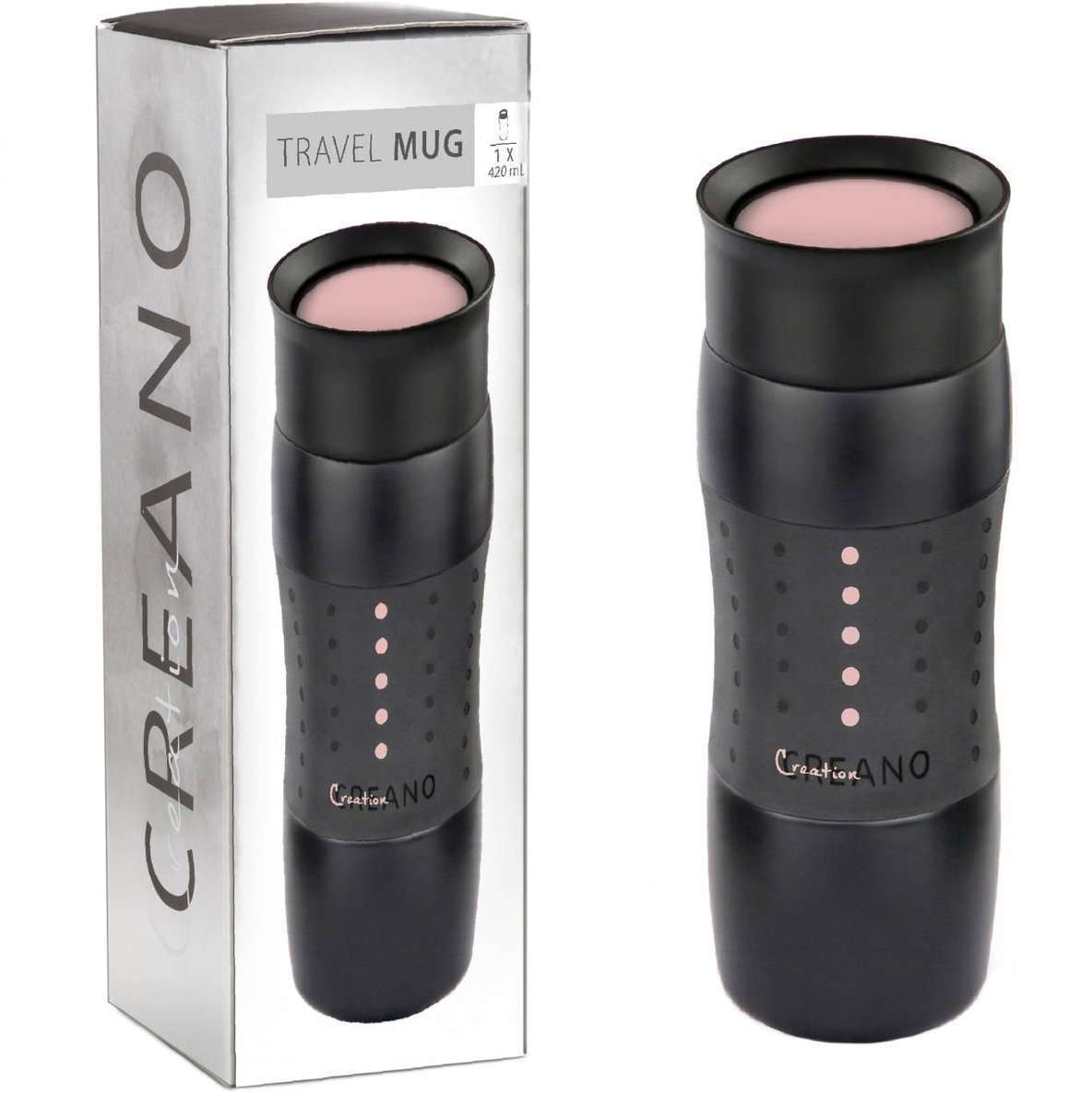 Creano Design Travel Mug 420ml, Coffee to Go beker, thermobeker, isoleerbeker, houdt 4u warm / 7u koud, 100% lekvrij & morsbestendig, 360°-drinkopening | Roze