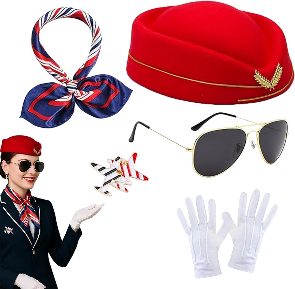 Professioneel stewardesskostuum voor dames, 4-delige set met hoed, handschoenen en broche, ideaal voor Halloween, cosplay en themafeesten