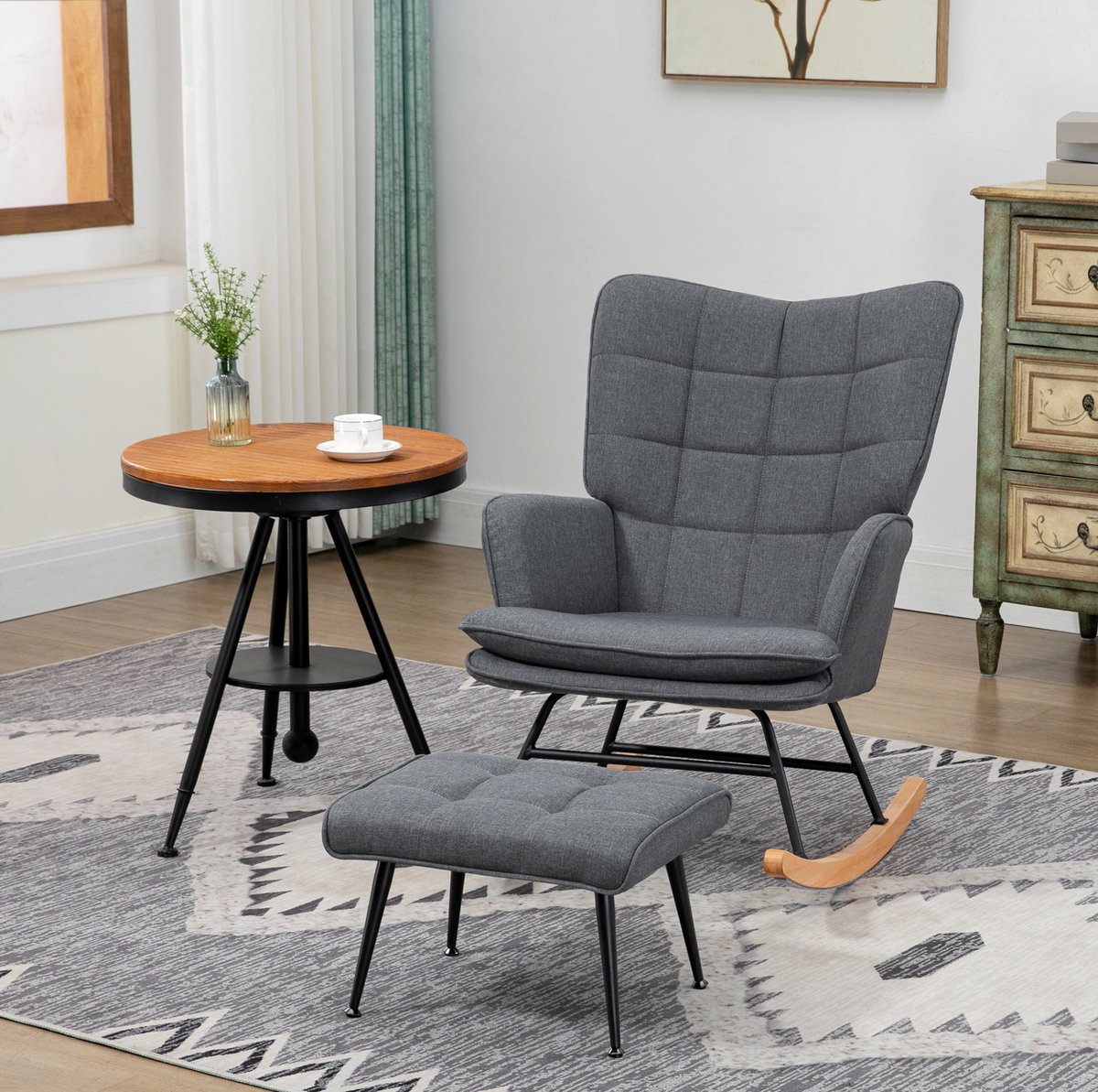 Schommelstoel - Fauteuil Met Hocker - Met Armleuningen En Zachte Bekleding - Voor Woonkamer En Slaapkamer - Polyester Grijs