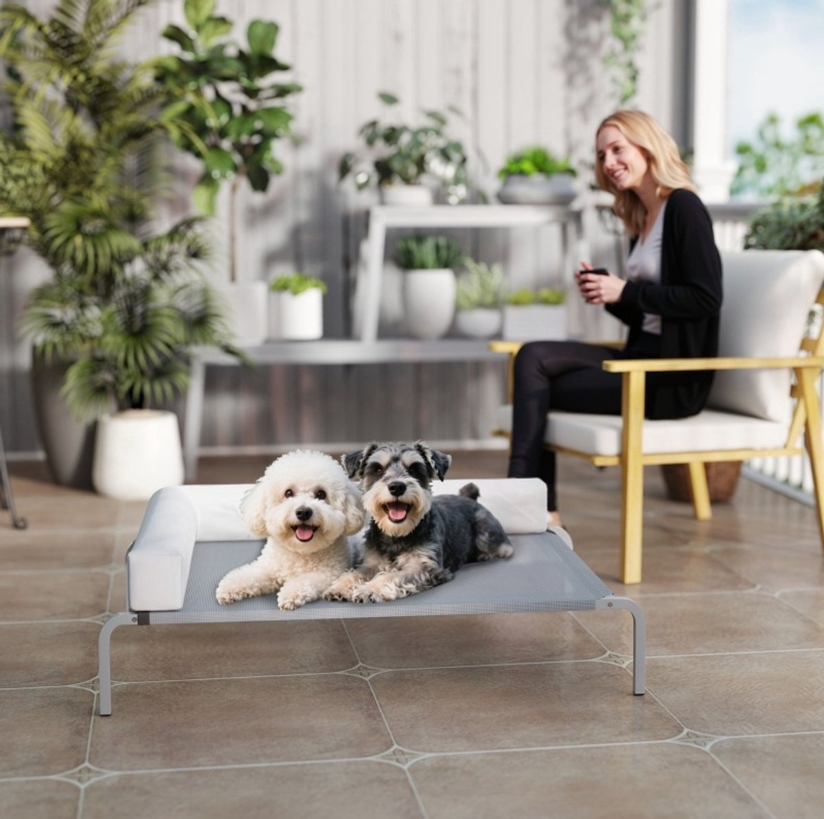 Dierenmand - Verhoogd Hondenbed - Outdoor Met L-Vormig Steunkussen - Voor Middelgrote Honden - Polyester - Lichtgrijs