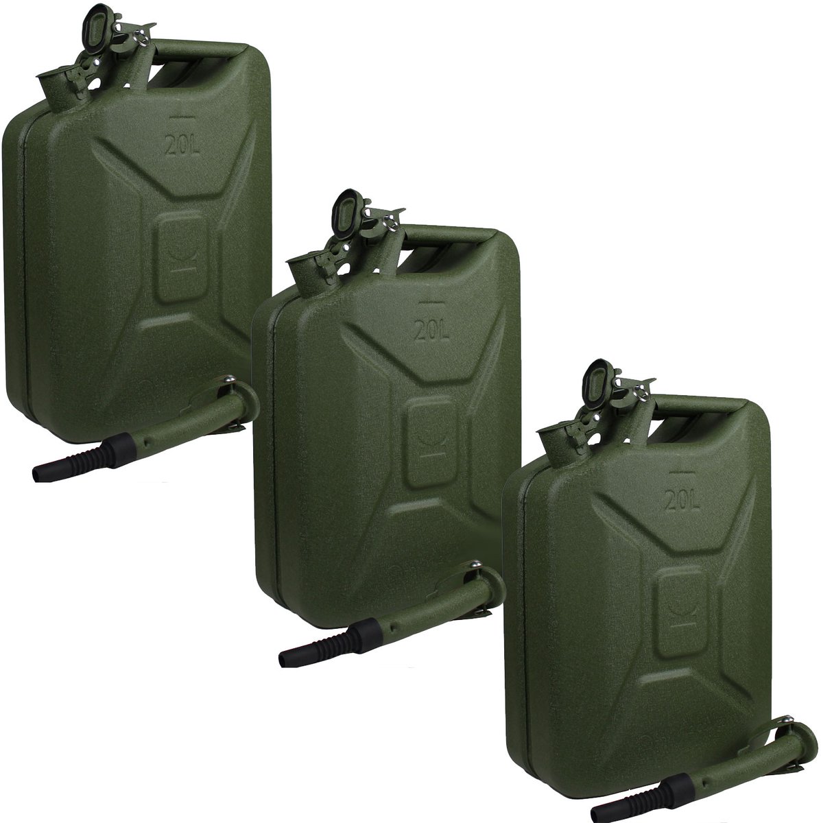 TRUTZHOLM 3x Metalen Jerrycan 20L - Hamerslag Groen - Met UN-Goedkeuring - Krasbestendig Incl. 3x Schenktuit en Houder