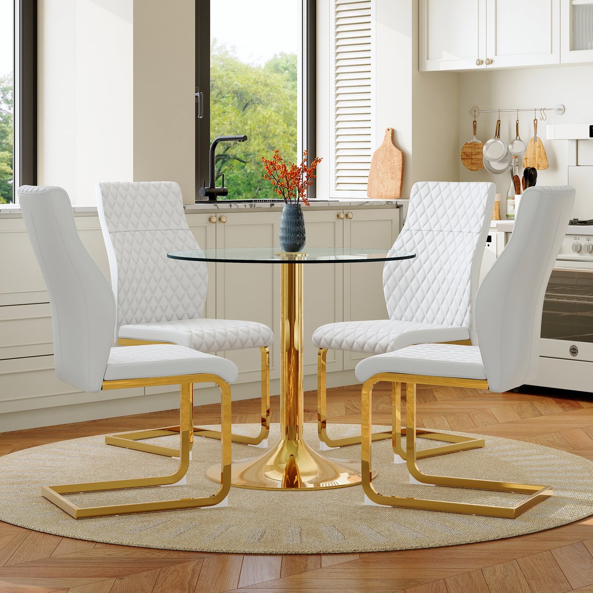 MODENUIT Eettafelset - Ronde Glazen Tafel 85 cm - 4 Stoelen - Voor Eetkamer En Horeca - Metaal En Kunstleer - Wit Goud Transparant, Wit En Goud