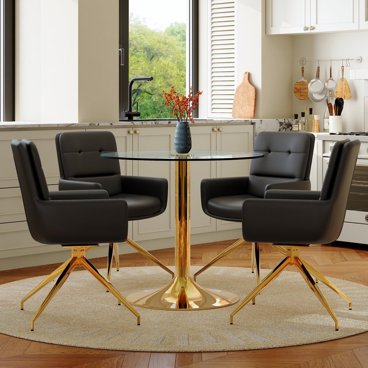 MODENUIT Eettafelset 85 cm - Ronde Tafel Met Geharde Glasplaat - Voor Eetkamer En Café - Glas, Metaal, PU - Zwart Goud Zwart, Goud, Transparant