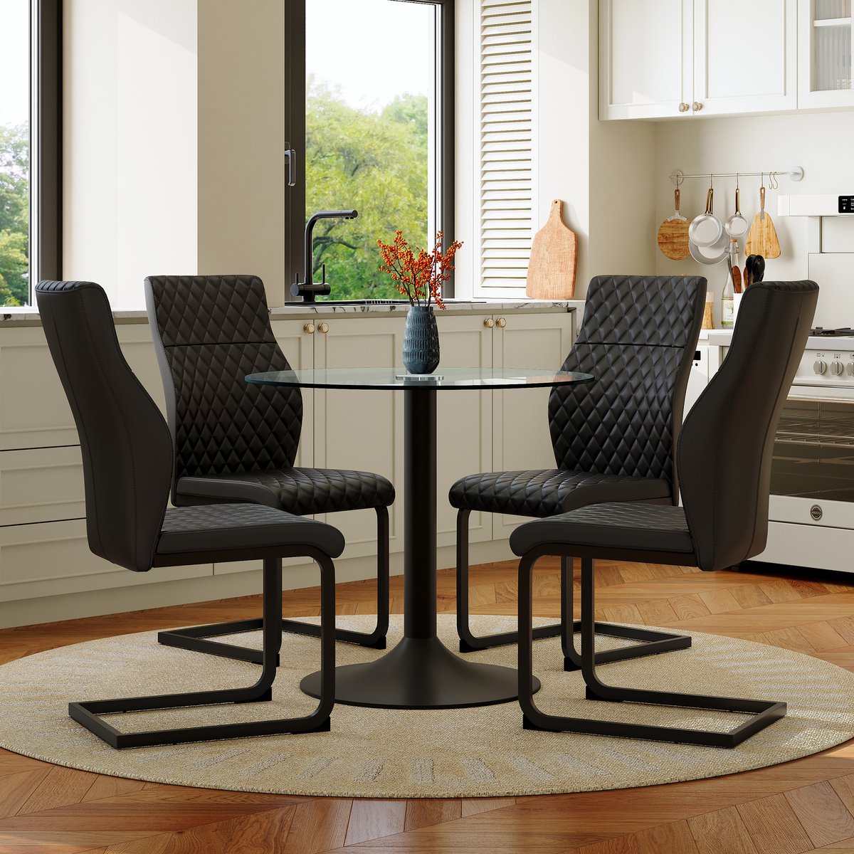 MODENUIT Eettafelset Rond 85 cm - 4 Stoelen Met Hoge Rugleuning En Ruitstiksel - Voor Eethoek - Glas - Zwart Zwart, Transparant