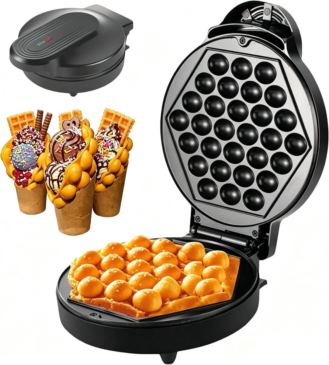Bubble Wafelijzer - Eierwafelmaker Hong Kong - Desserts Maken - Dubbelzijdige Verwarming - 1000W - Zwart