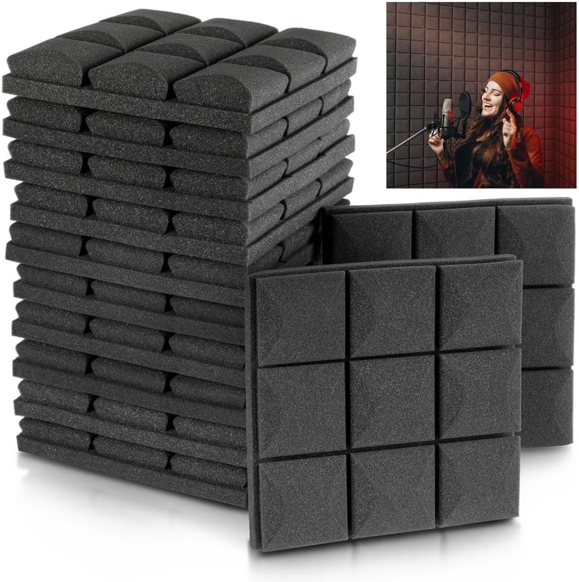 Akoestische panelen - Geluidsisolatie schuim - Geluidsverbetering ruimtes - Hoge dichtheid urethaan - 30 x 30 cm - Zwart