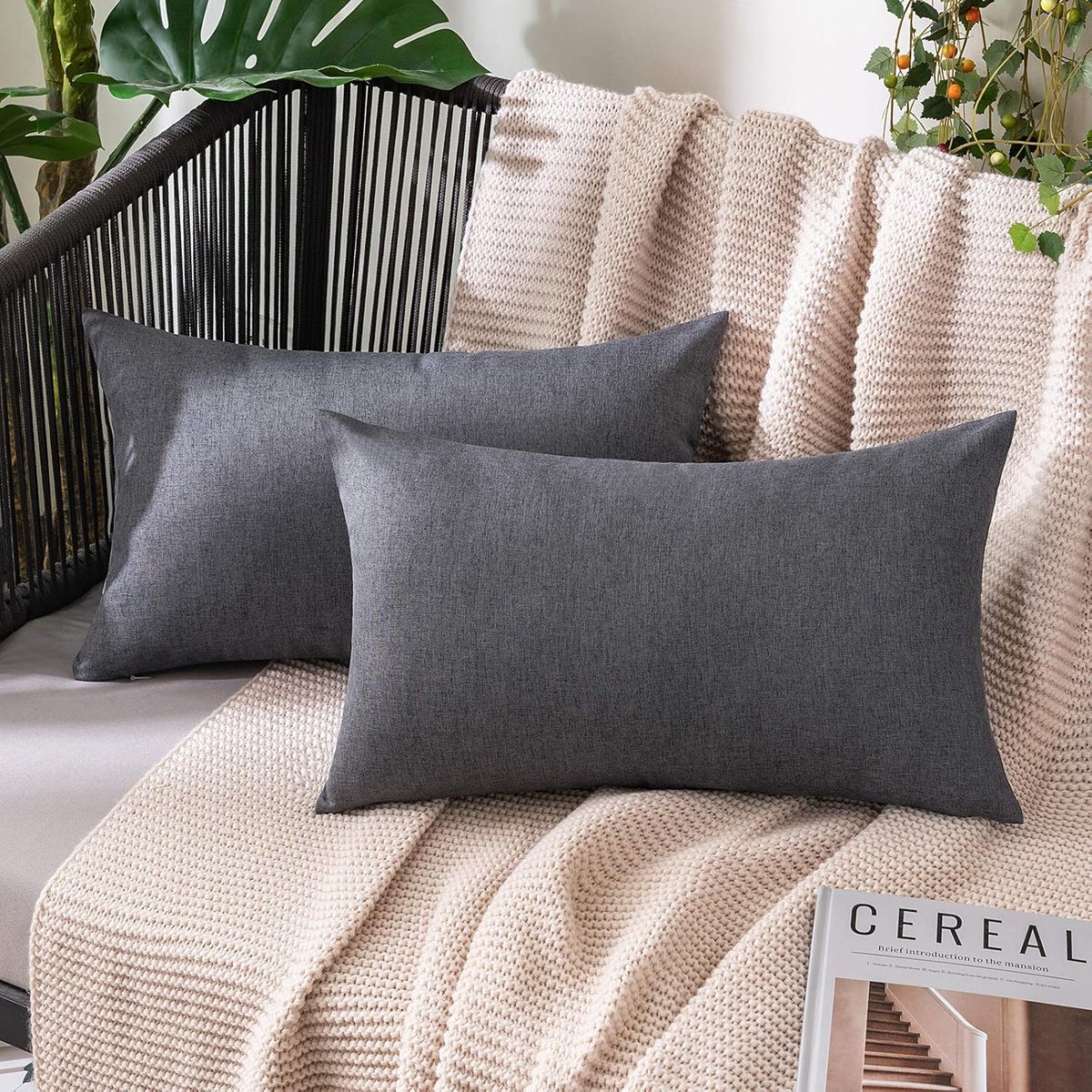 Famanu Set van 2 waterdichte kussenhoezen van polyester, linnenlook, 40 x 60 cm, donkergrijs, perfect voor binnen en buiten