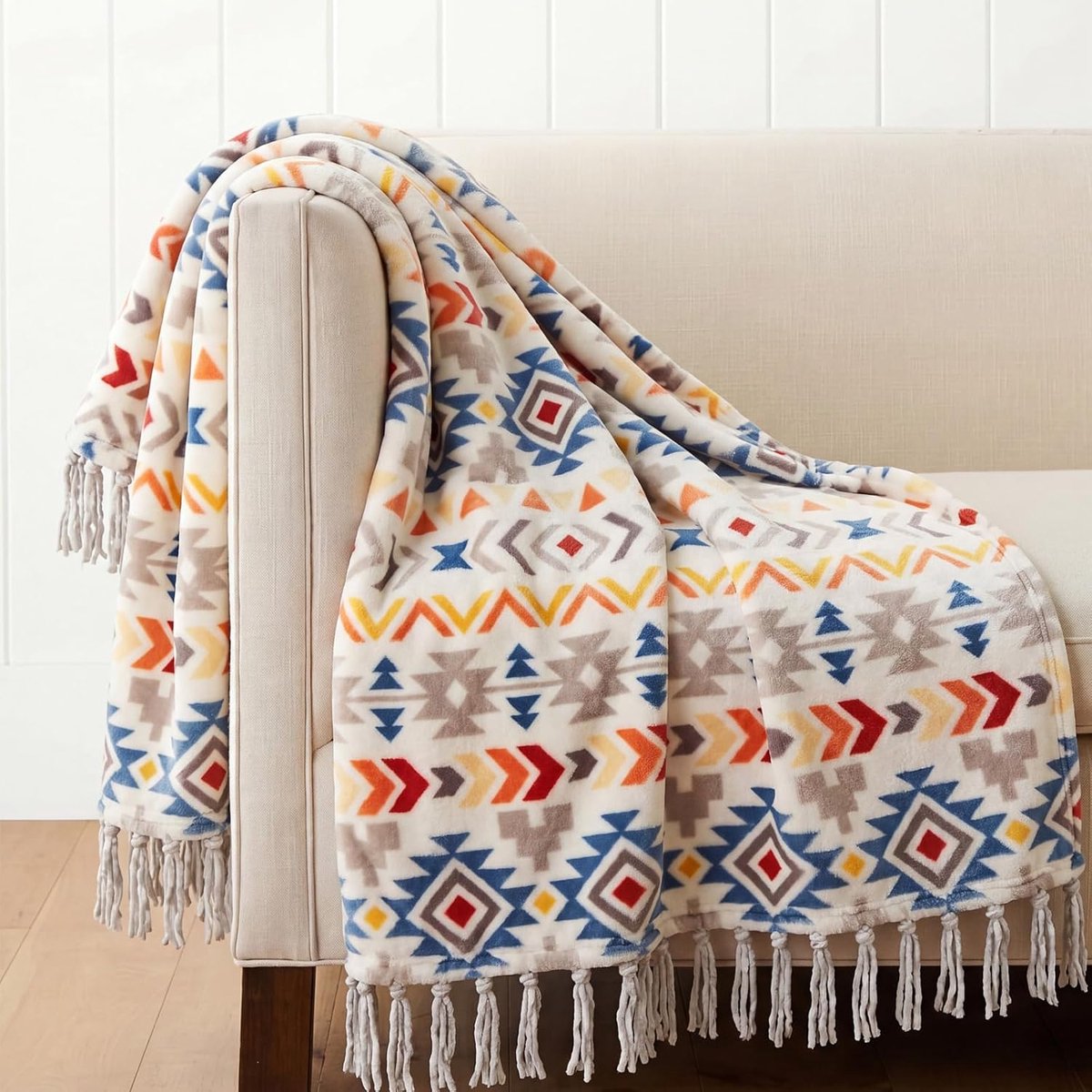 Famanu Boho plaid met franjes, kleurrijke decoratieve flanellen deken voor bank, bed en stoel, 127 x 152 cm, ideaal voor binnen en buiten gebruik Transparant