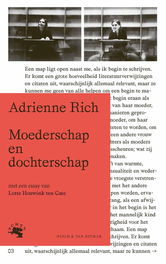 Boekomslag met de titel 'Moederschap en dochterschap' door Adrienne Rich. Rode band met tekst.