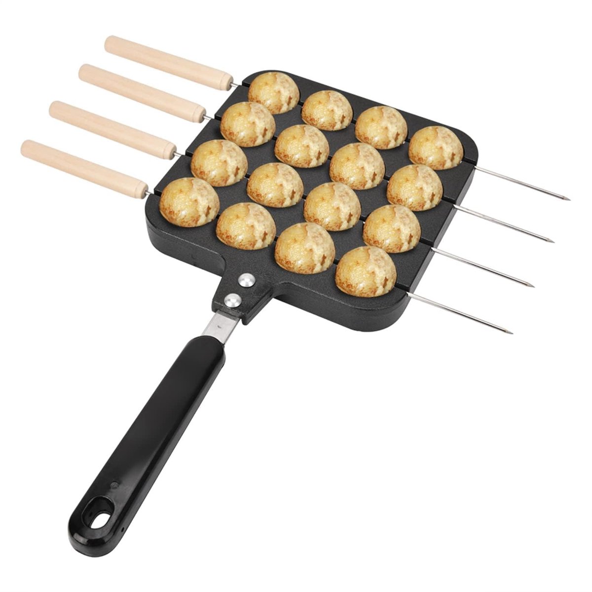 Dailygoods- Takoyaki-pan antiaanbak - Grillplaat - Bakvorm met 4 baknaalden - Gegoten aluminium - Wanddikte 2 cm - Totale lengte 32,5 cm - Grillpan