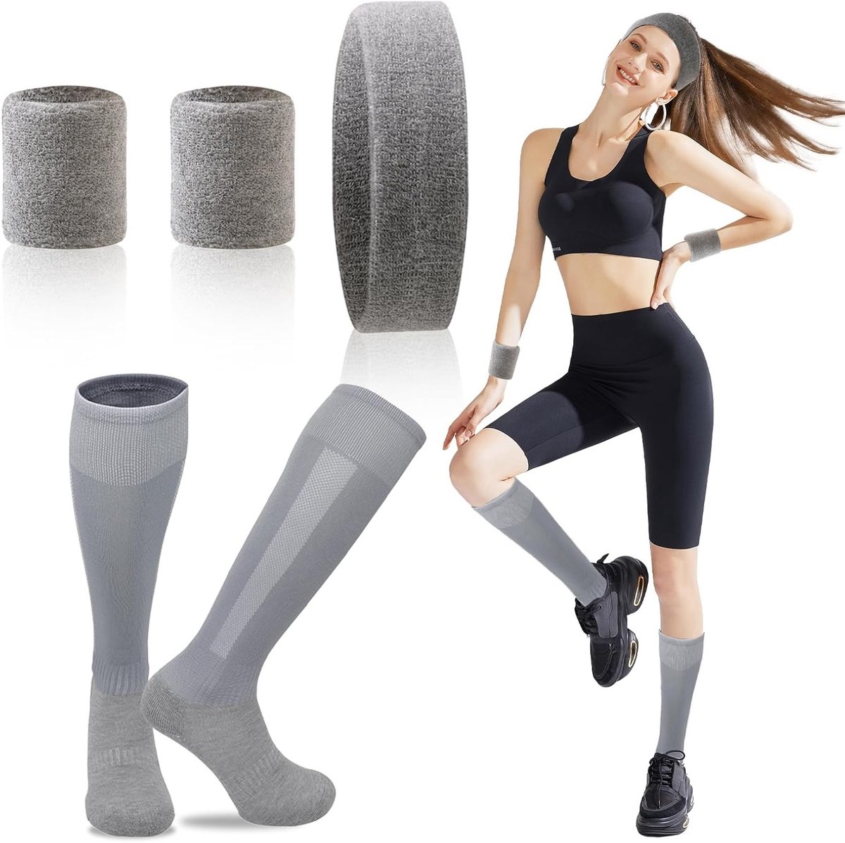 Zweetbanden Set voor Sport, Inclusief Polsbanden, Hoofdband en Hoge Sokken voor Fitness, Voetbal en Hardlopen