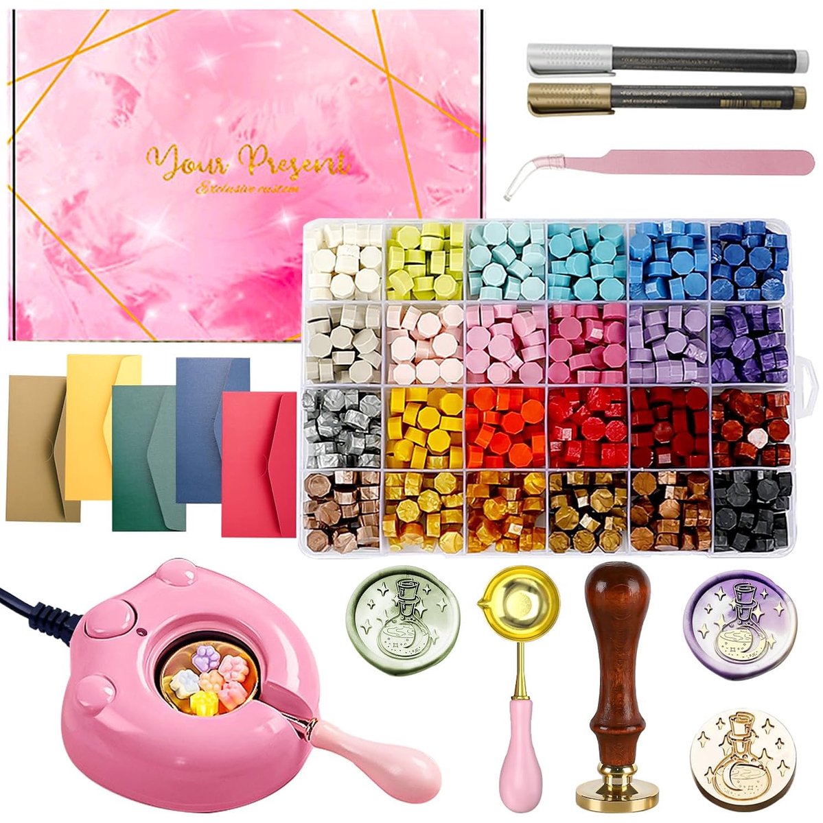 Elektrische Wax Stempel Kit - Ambachtelijke Set - Kaarten Versieren - Veilige Verwarmer - 624 Kralen - Roze Doos