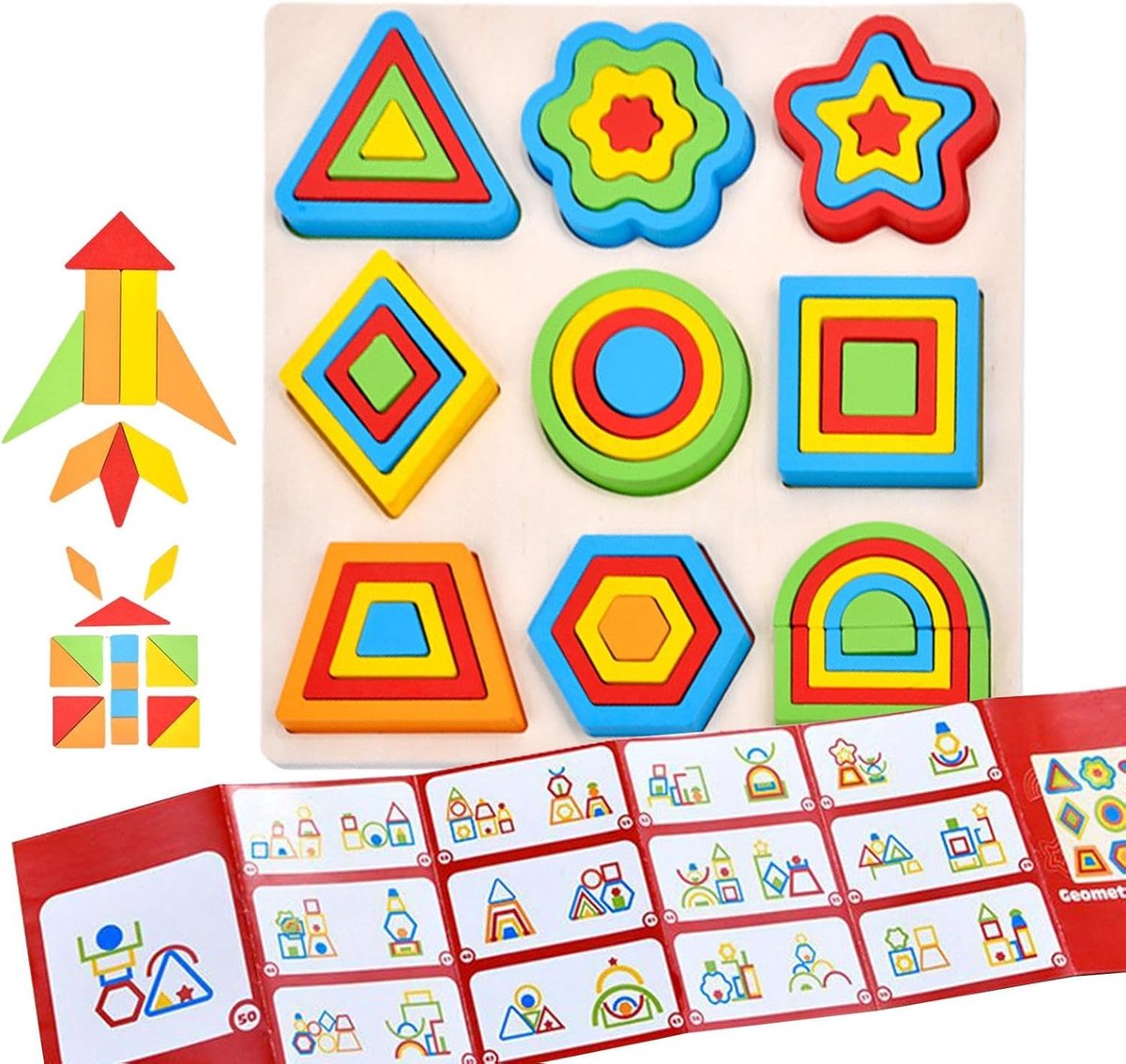 Houten Vormenpuzzel - Leerblok Kinderen - Cognitieve Groei - Geometrische Vormen - 33 x 33 x 8 cm - Kleurrijk
