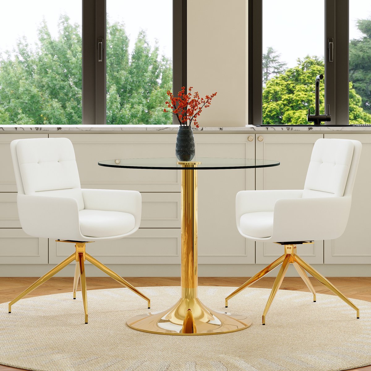 STILVORA Eettafelset Ronde Tafel 85 cm - 360° Draaibare Stoelen - Voor Eetkamer En Woonkamer - Gehard Glas - Transparant Wit Goud