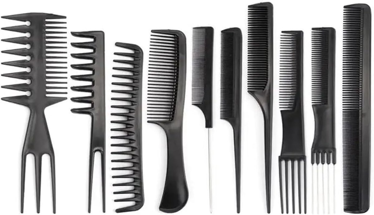 Haarkam Set - Kapperskammen Platte kop - Professioneel Stylen - Duurzaam Staal - 10 Stuks - Zwart