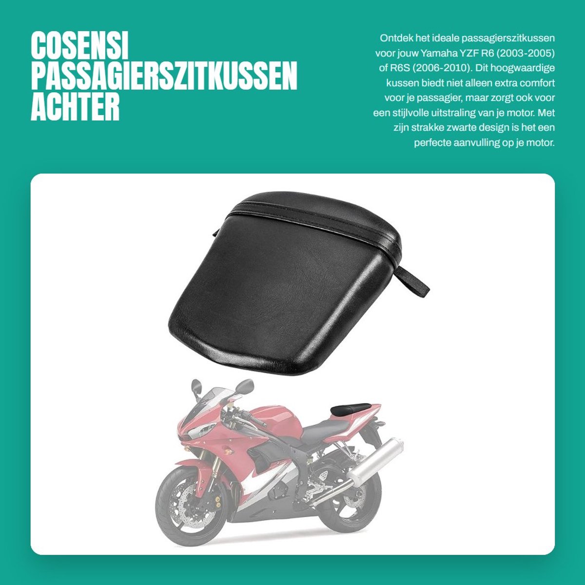 Dailygoods- Passagierszitkussen Achter - Voor Yamaha YZF R6 2003-2005/R6S 2006-2010 - Zwart - Synthetisch Leer - Ademend en Comfortabel - Motorzitje