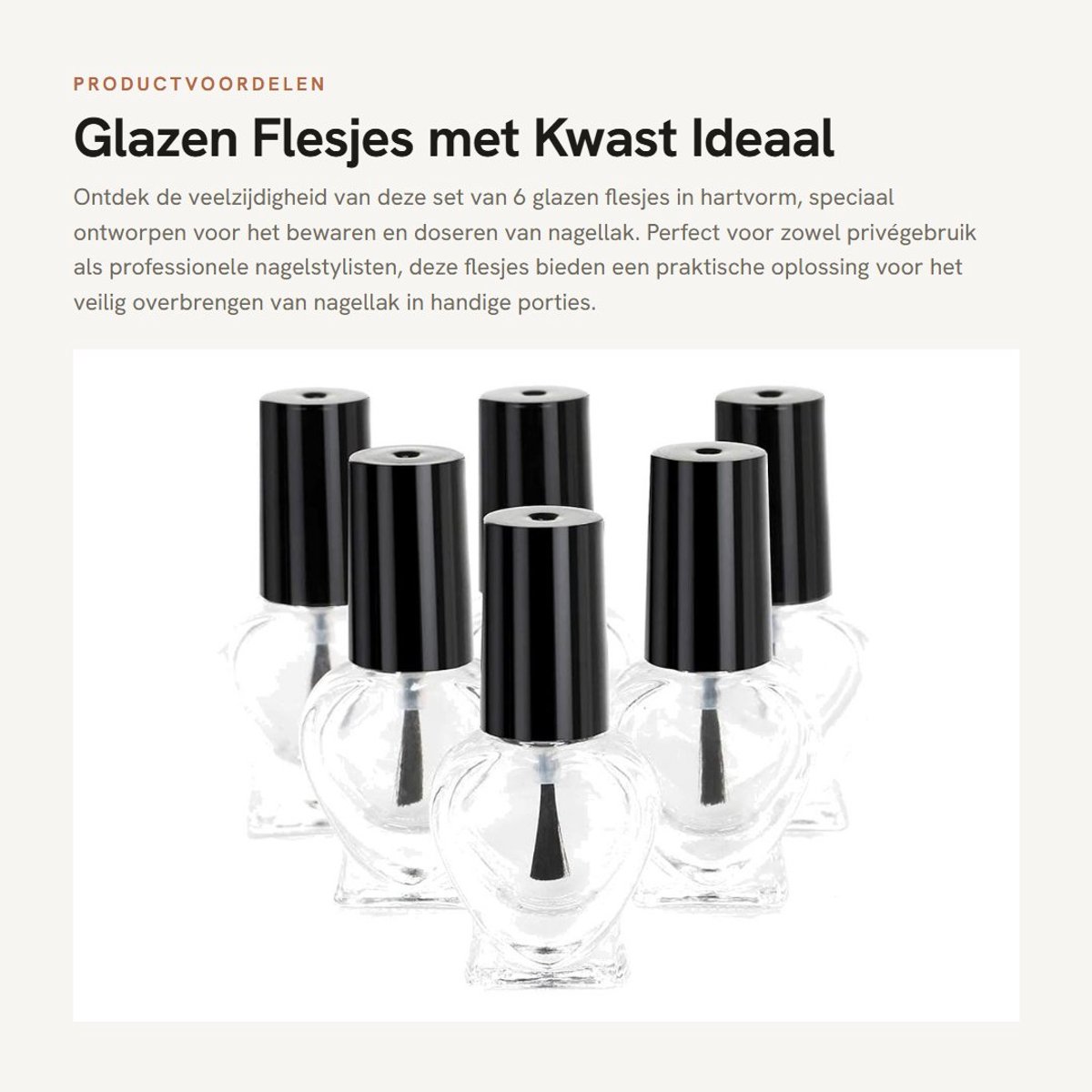 Dailygoods- Flesjes 6 x Hartvorm - Glazen Flesjes - Flesjes voor Nagellak - Flesjes met Pipet - Flesjes 6 ml - Geschikt voor Reisgebruik - Nagellakfles