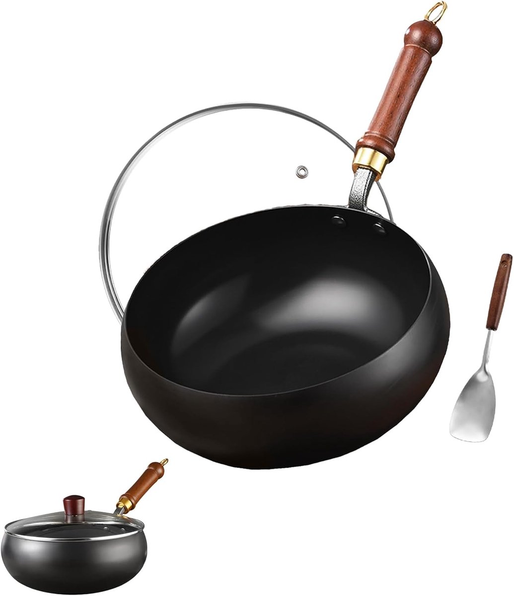 Gietijzeren Wok - Roerbakpan Diep - Authentiek Koken - Handgesmeed Ontwerp - 28 cm - Zwart