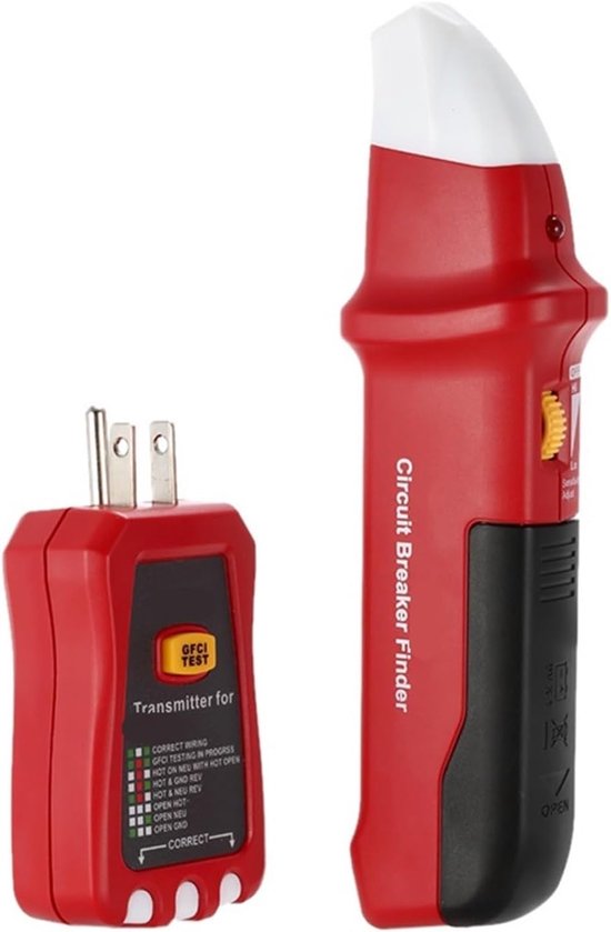 Rode Circuit Breaker Finder en rode zender met GFCI-testknop, elk met gedetailleerde bedradingsindicatorlabels.
