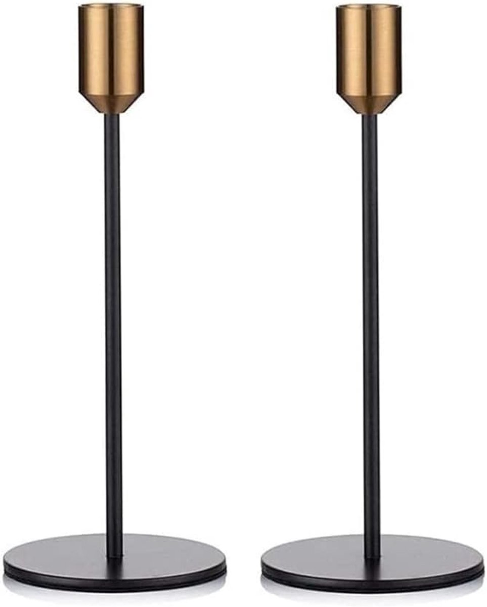 Kaarshouders Set - Kandelaars Tafel - Sfeerverlichting Creëren - Stabiele Metalen Basis - 2 stuks - Zwart