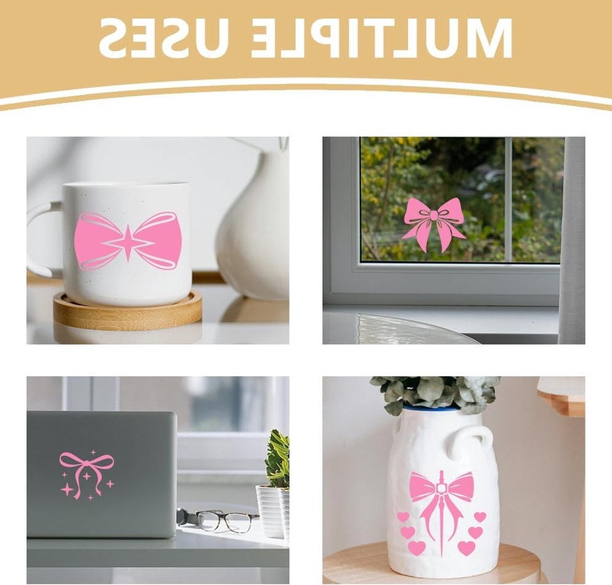 Vijf Stijlen Roze Strik Vinyl Decal Stickers, Assortiment Bows en Ster Reflecterende Waterdichte Stickers voor Auto, Skateboard en Muurdecoratie
